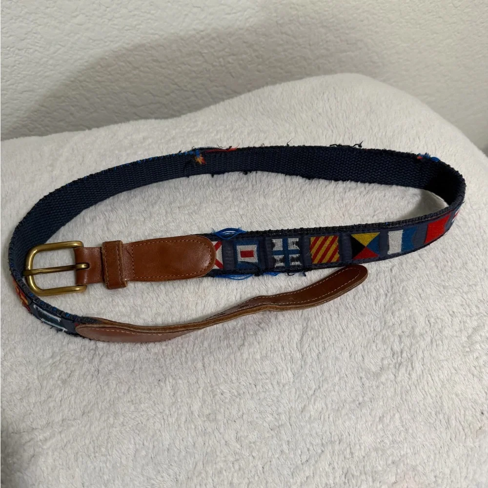 Preston Brand blue 'country flags' belt with leather ends, 37